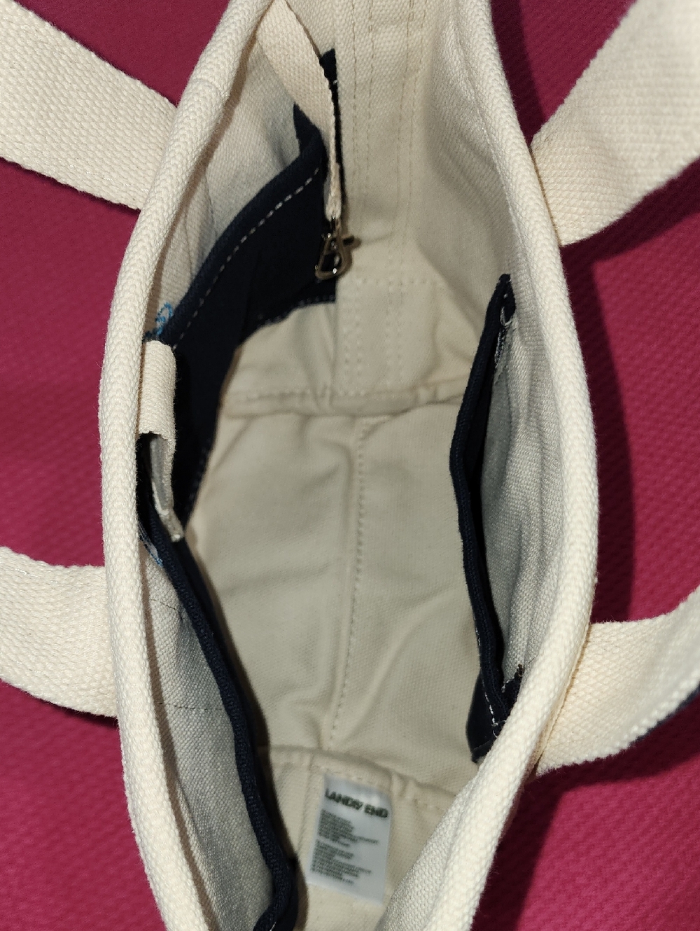 NWOT Lands' End Small 3 Pocket Natural/Navy Open Top Canvas Tote Bag - Picture 4 of 12